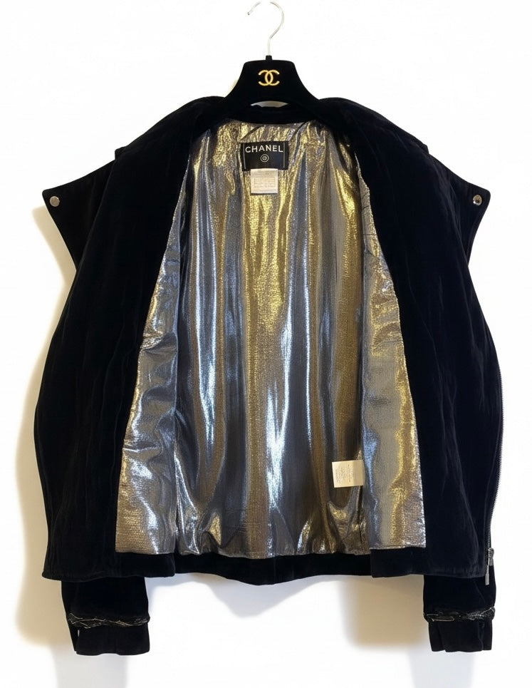 Rare Chanel 06A Runway Black Washed Velvet Bomber Biker Jacket FR 48