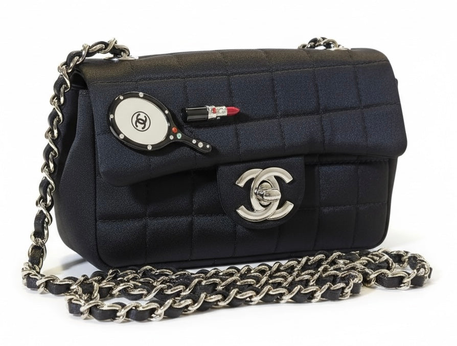Chanel 04A Black Satin Mini Lipstick Mirror Charm Classic Flap Bag