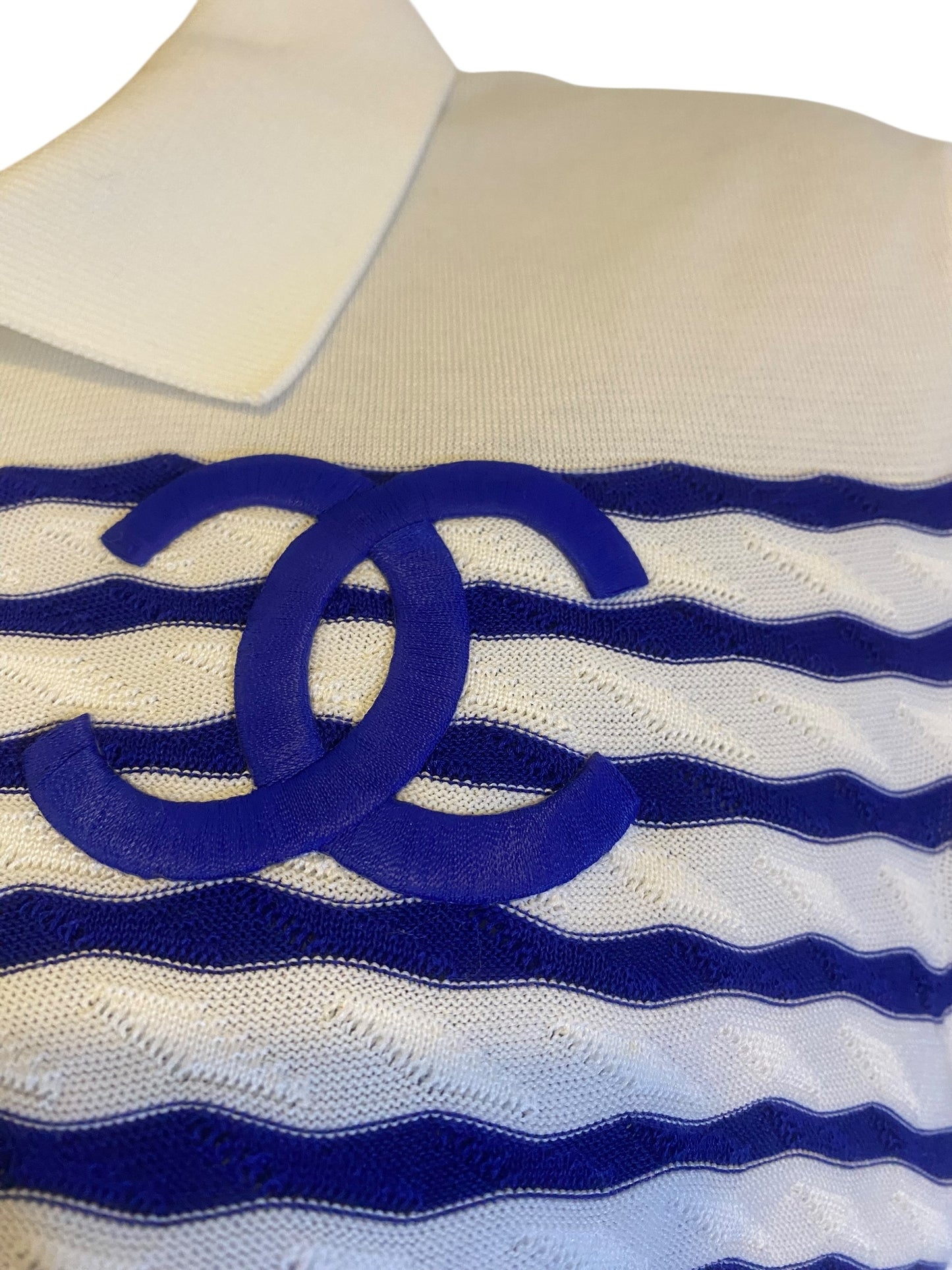 Chanel 19C La Pausa Cotton CC Logo Polo T-Shirt Stripe Blue White FR 36
