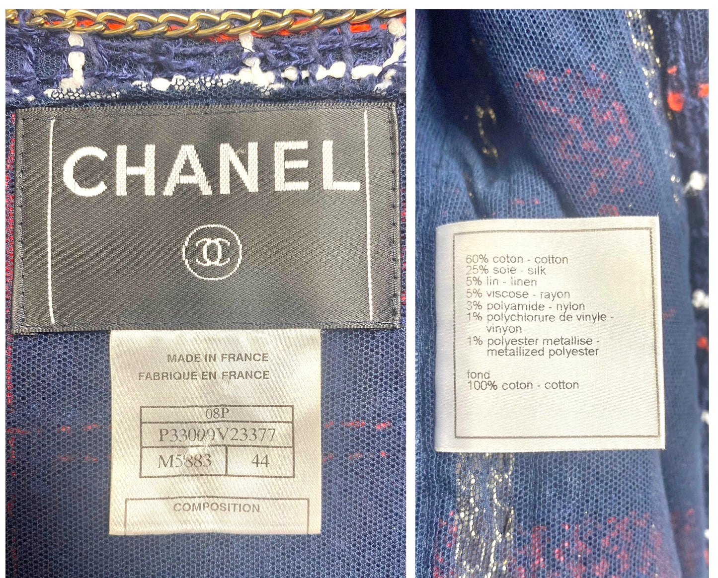 RARE CHANEL 08P RUNWAY BLUE RED GOLD CC MULTI CHAINS TWEED JACKET FR 44