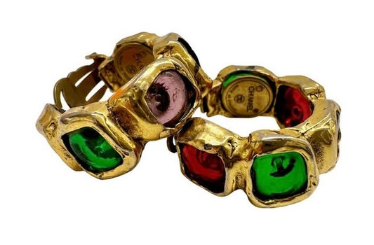 Vintage Chanel 24K Gold Plated Clip On Multicolor Gripoix Earrings