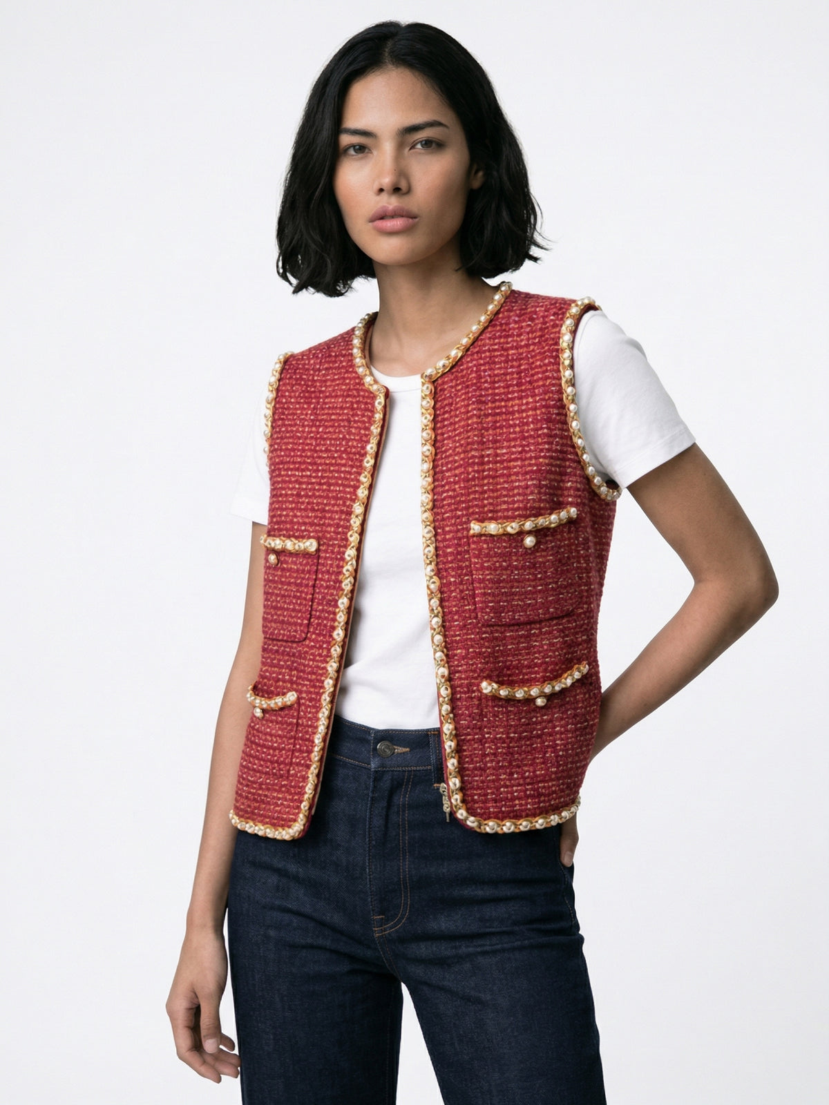 Rare Chanel 17S Pink Red Multicolor Pearl Trim Tweed Waistcoat Vest FR 40