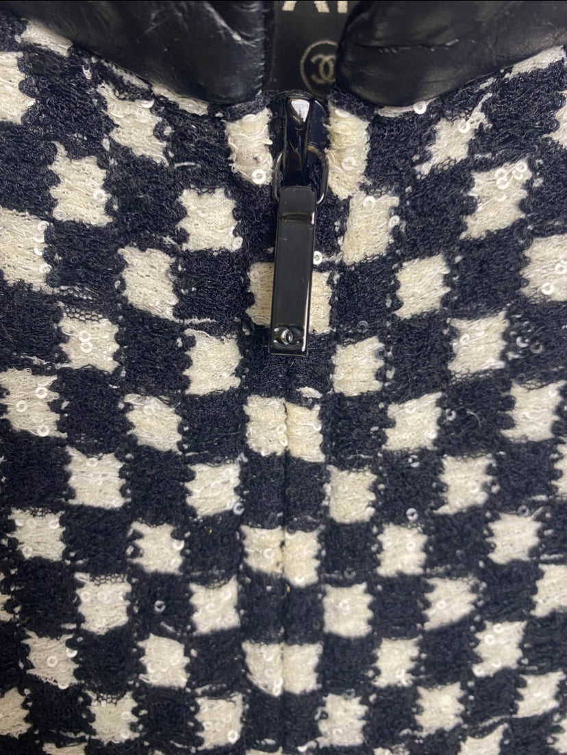 Chanel 17B Metropolitan Checker Sequin Leather Trim Zip Up Jacket FR 42