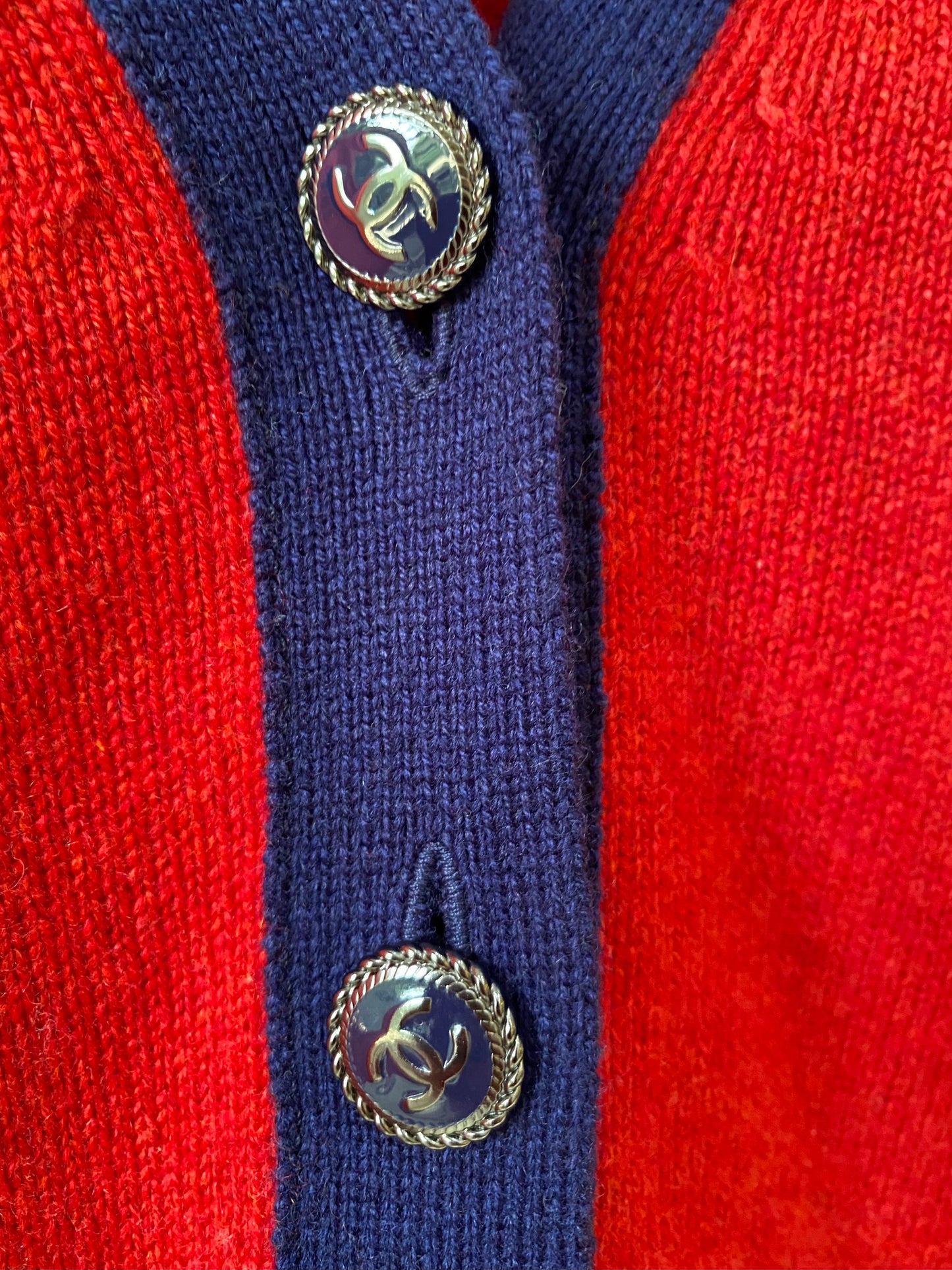 Chanel Cashmere Red and Navy Blue Classic Cardigan FR 42