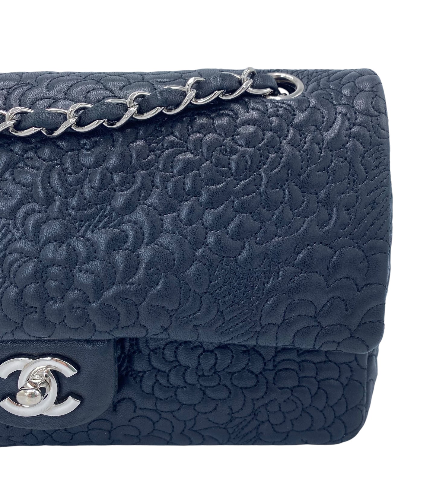 Chanel Black Camellia Embossed Lambskin Classic Timeless Medium Double Flap Bag SHW