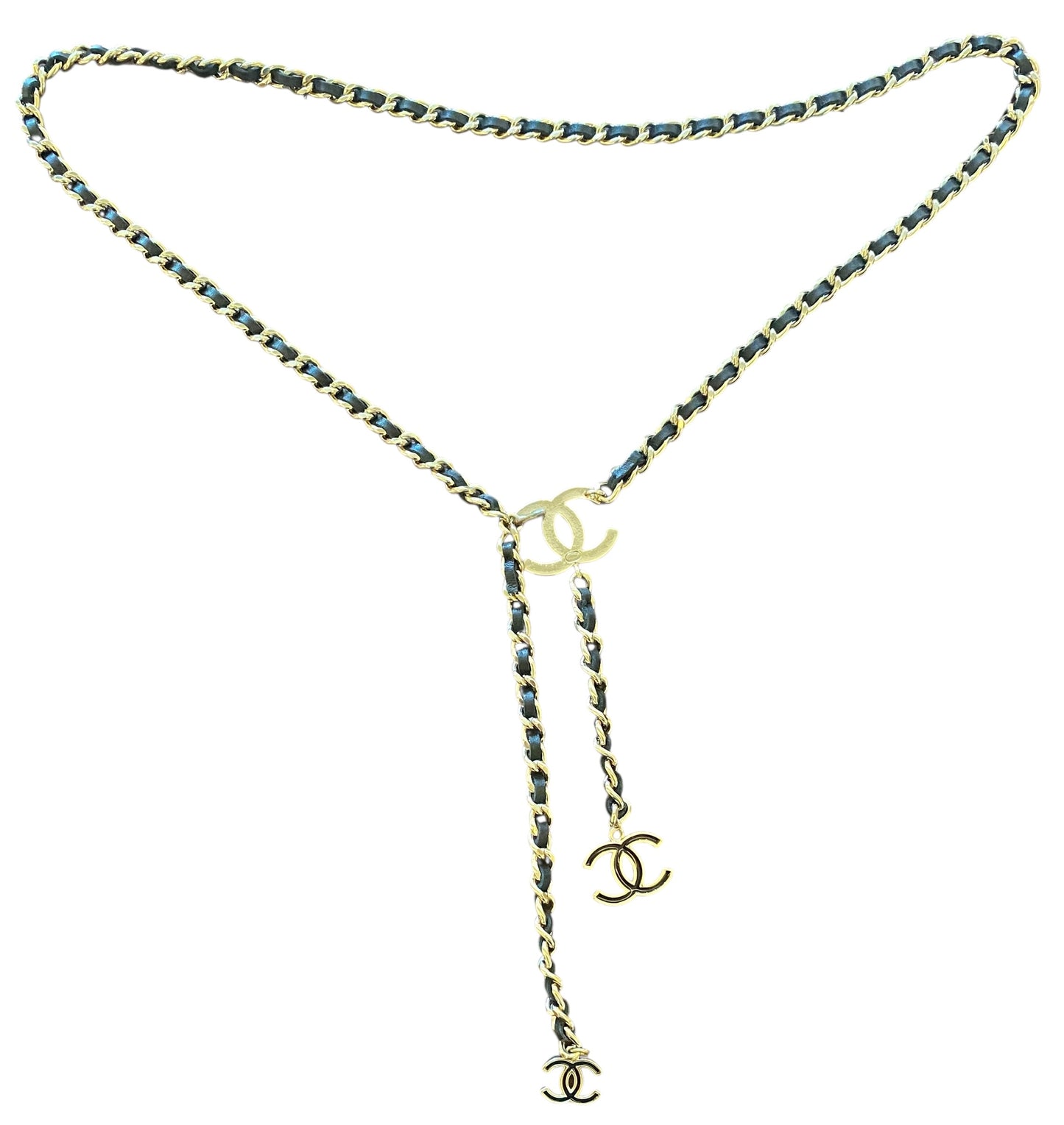 Chanel 2014 Black Leather CC Charm Gold Tone Chain Belt/Necklace