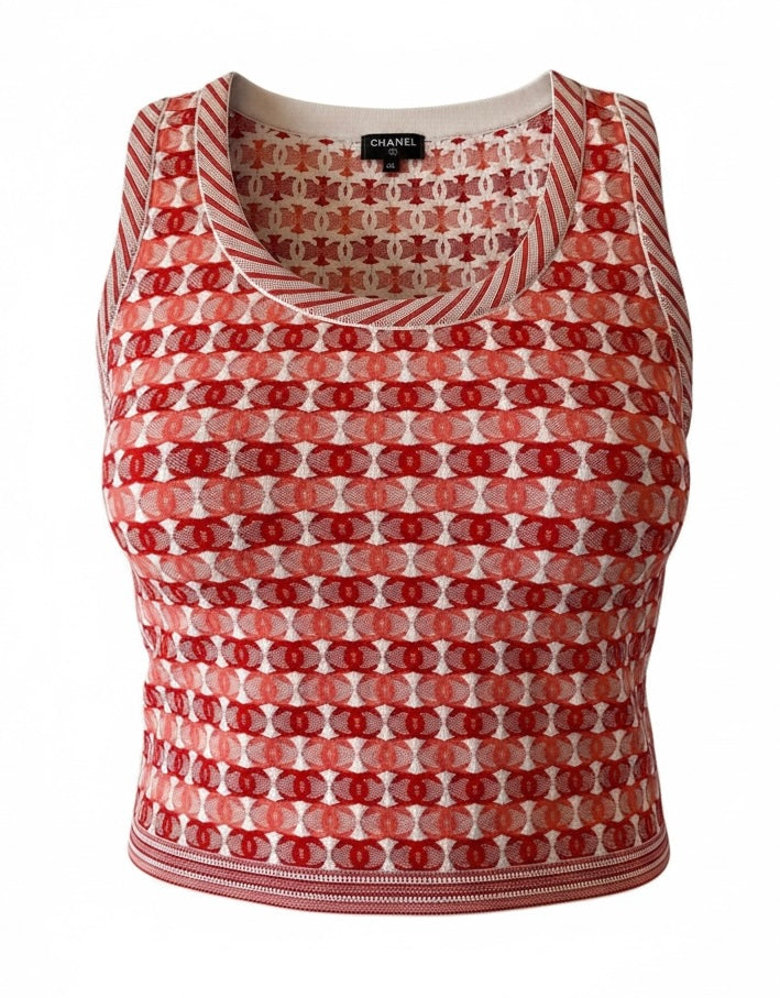 Chanel 19P Pink Red CC Logo Sleeveless Crop Top Blouse FR 42