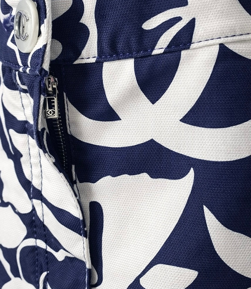 Chanel 2021 Coco Beach Dark Navy Blue White Mini Cotton Shorts FR 38