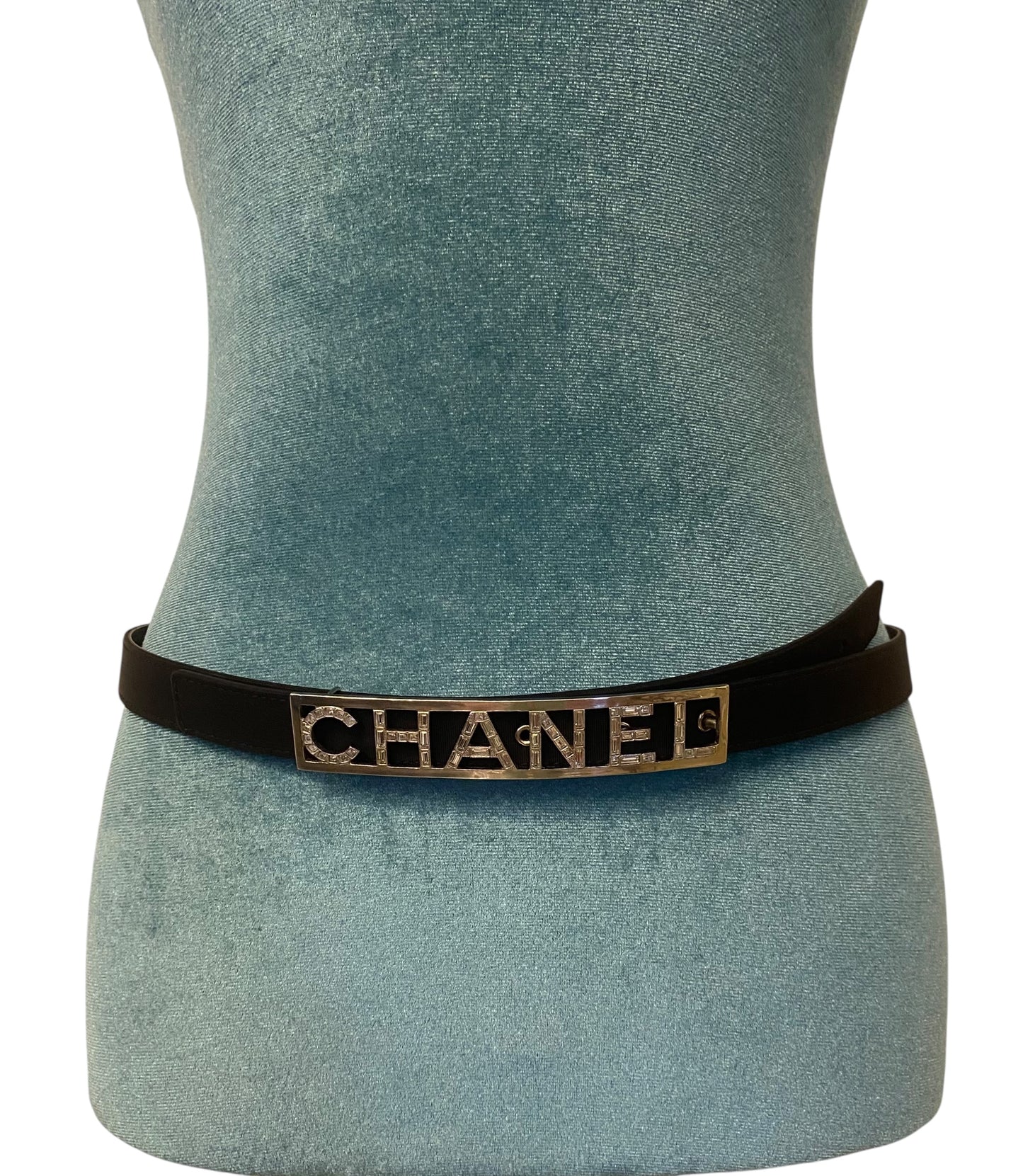 Chanel 15S Black Leather Grosgrain Crystal Letters Silver Buckle Belt Size 90/36