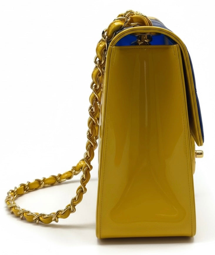 Chanel Ultra Rare 1995 Barbie Collection Yellow Blue Maxi PVC Vinyl Patent Flap Bag