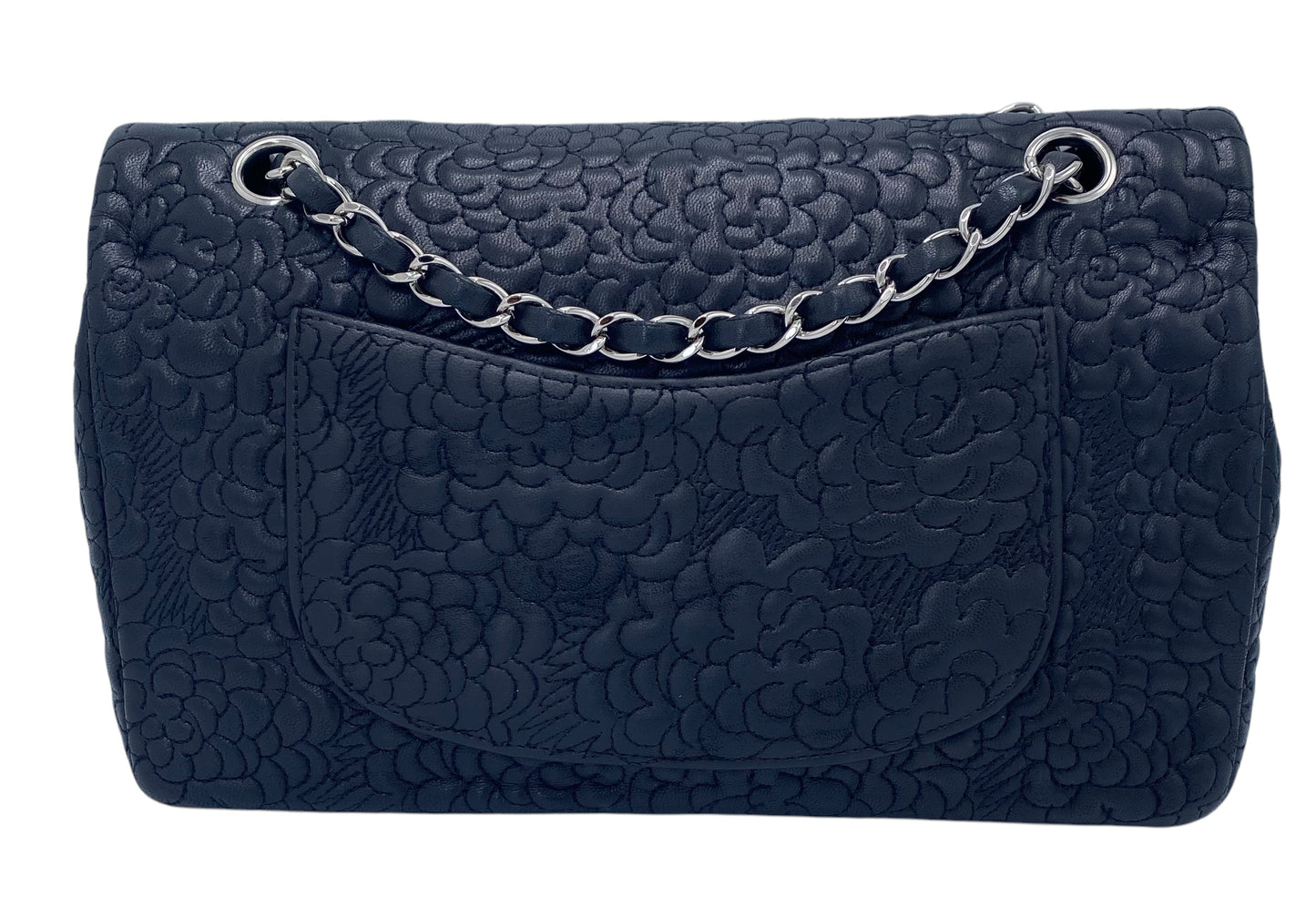 Chanel Black Camellia Embossed Lambskin Classic Timeless Medium Double Flap Bag SHW