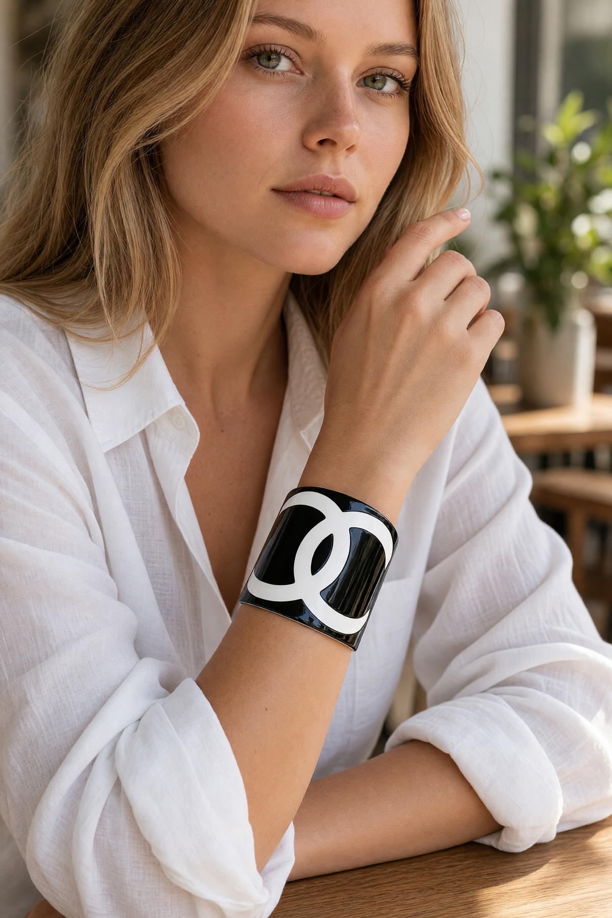 Chanel 2004 CC Wide Black White Resin Statement Bracelet Cuff