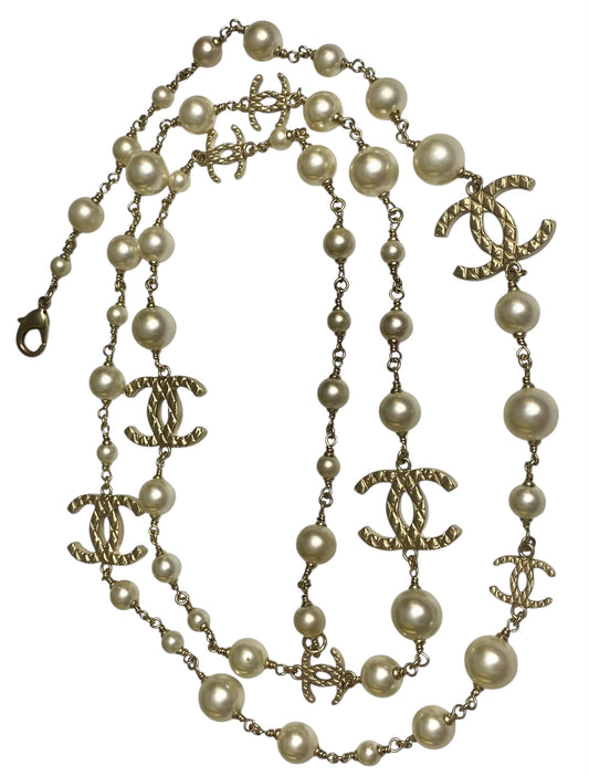 Chanel 10A Shanghai Extra Long Pearl Gold Strand 8 CC Logo Necklace