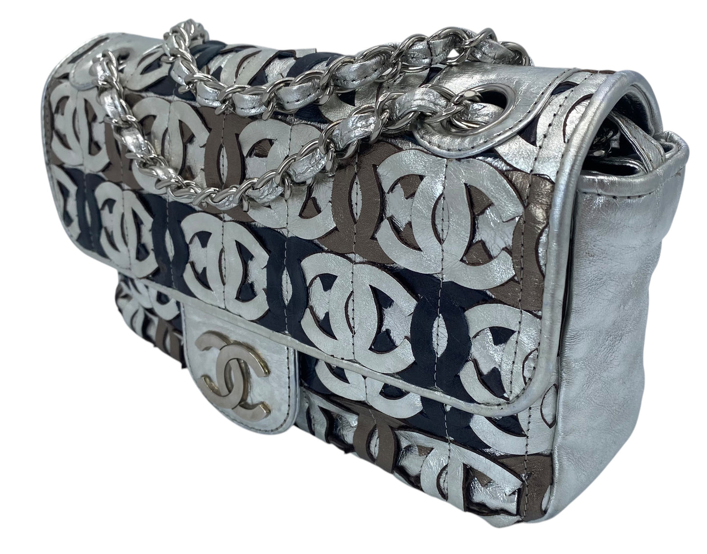Chanel 08P CC Cutout Silver Metallic Limited Edition Medium Flap Bag