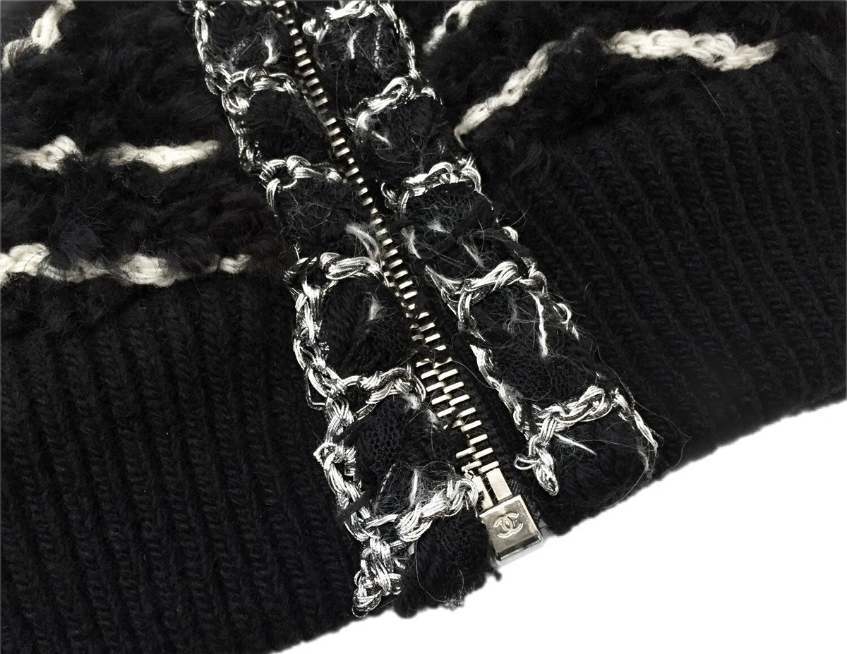 Chanel 19B Black Fuzzy Alpaca CC Zipper Bomber Jacket Coat FR 36
