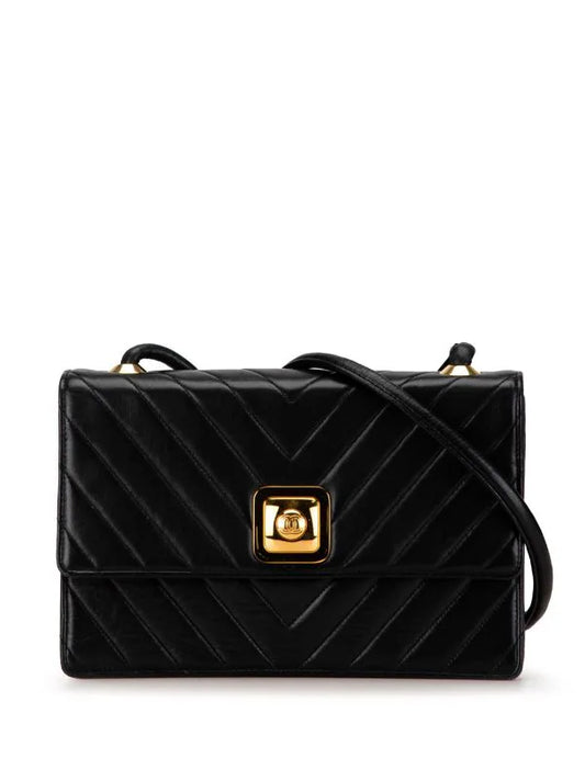 Chanel Vintage 90’s CC Medium Black Chevron Lambskin Crossbody Classic Flap Bag 24K Plated GHW