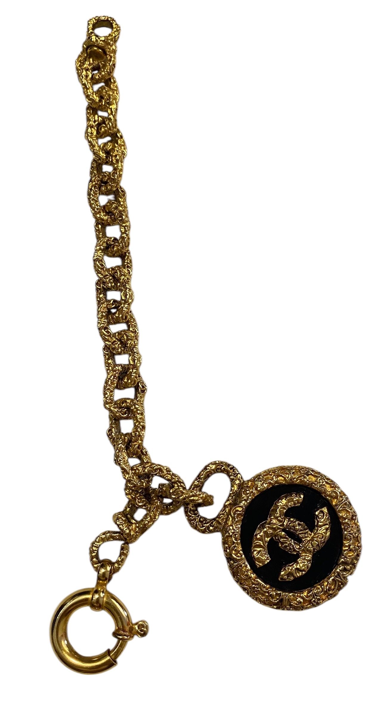 Chanel 93A Large Gold Metal Black Onyx Medallion CC Florentine Bracelet & Earrings SET