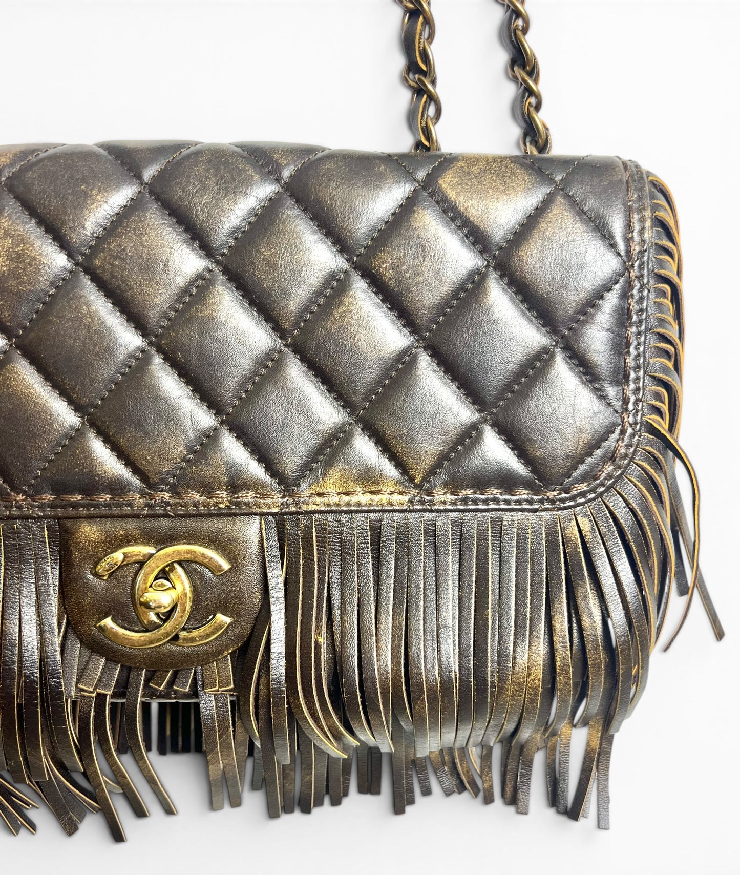 Rare Chanel 14A Paris Dallas Medium Brown Metallic Leather Fringe Classic Flap Bag