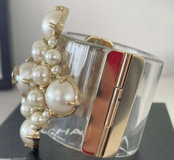 Rare Chanel 13S CC Pearl Medallion Clear Resin Cuff Bracelet