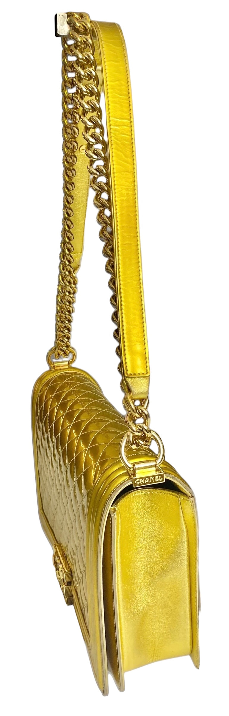 Chanel New Medium Boy Metallic Gold Patent Calfskin Leather GHW