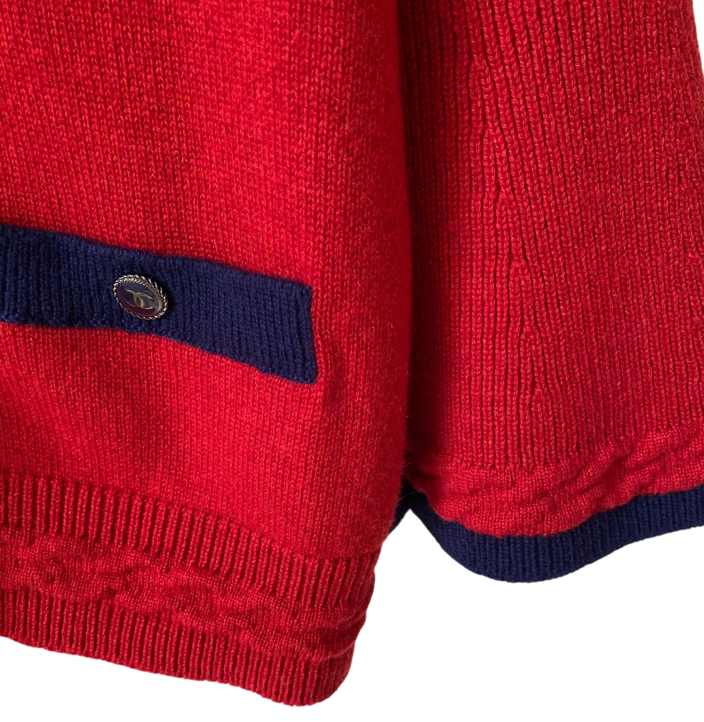 Chanel Cashmere Red and Navy Blue Classic Cardigan FR 42