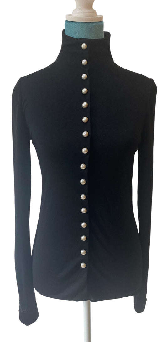 CHANEL 13P BLACK BLOUSE TOP PEARL CC BUTTONS FR 36