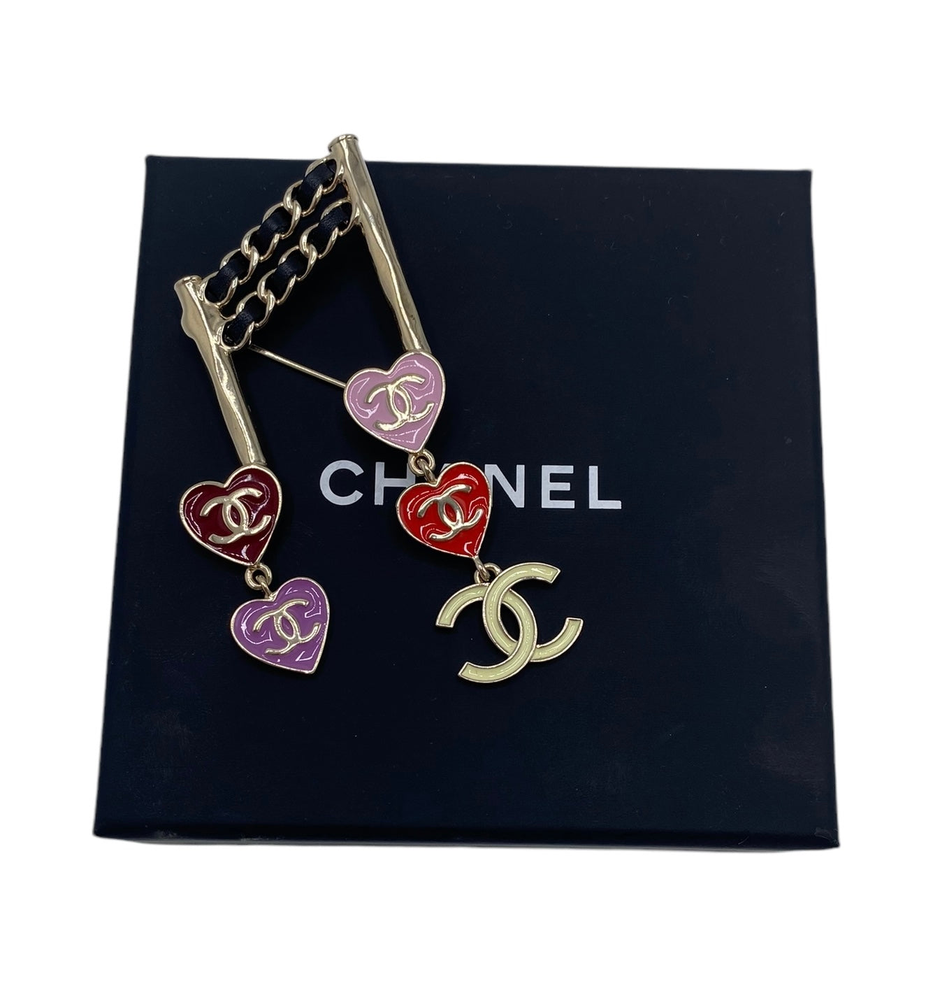 CHANEL 24A LIGHT GOLD MUSIC NOTE HEART CC LOGO BROOCH PIN