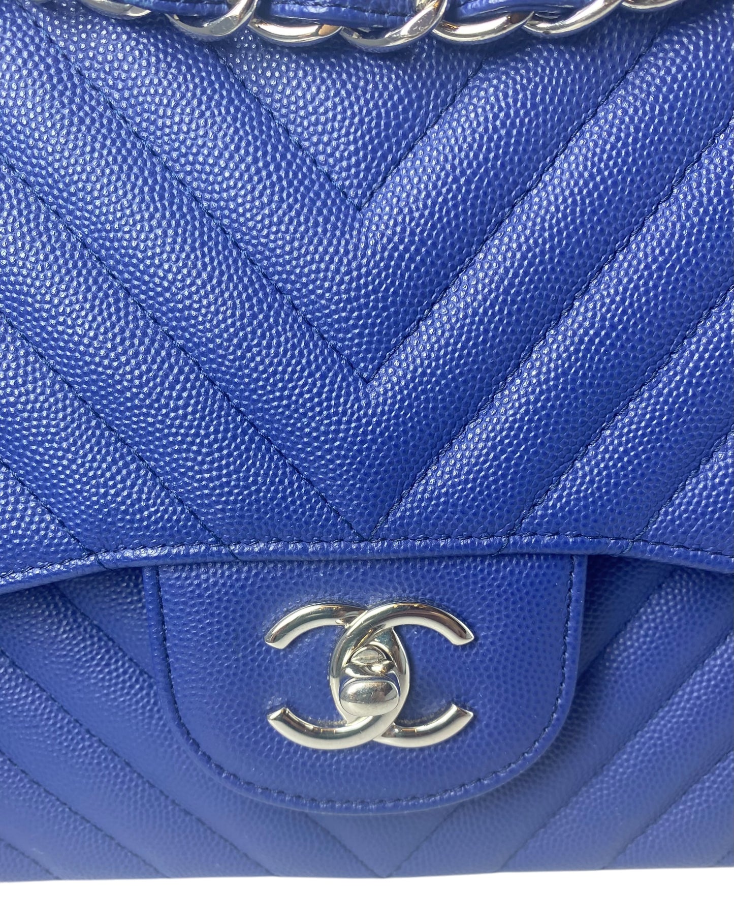 Chanel 2019 Bright Blue Caviar Chevron Quilted Jumbo Double Flap Timeless Classic Bag SHW