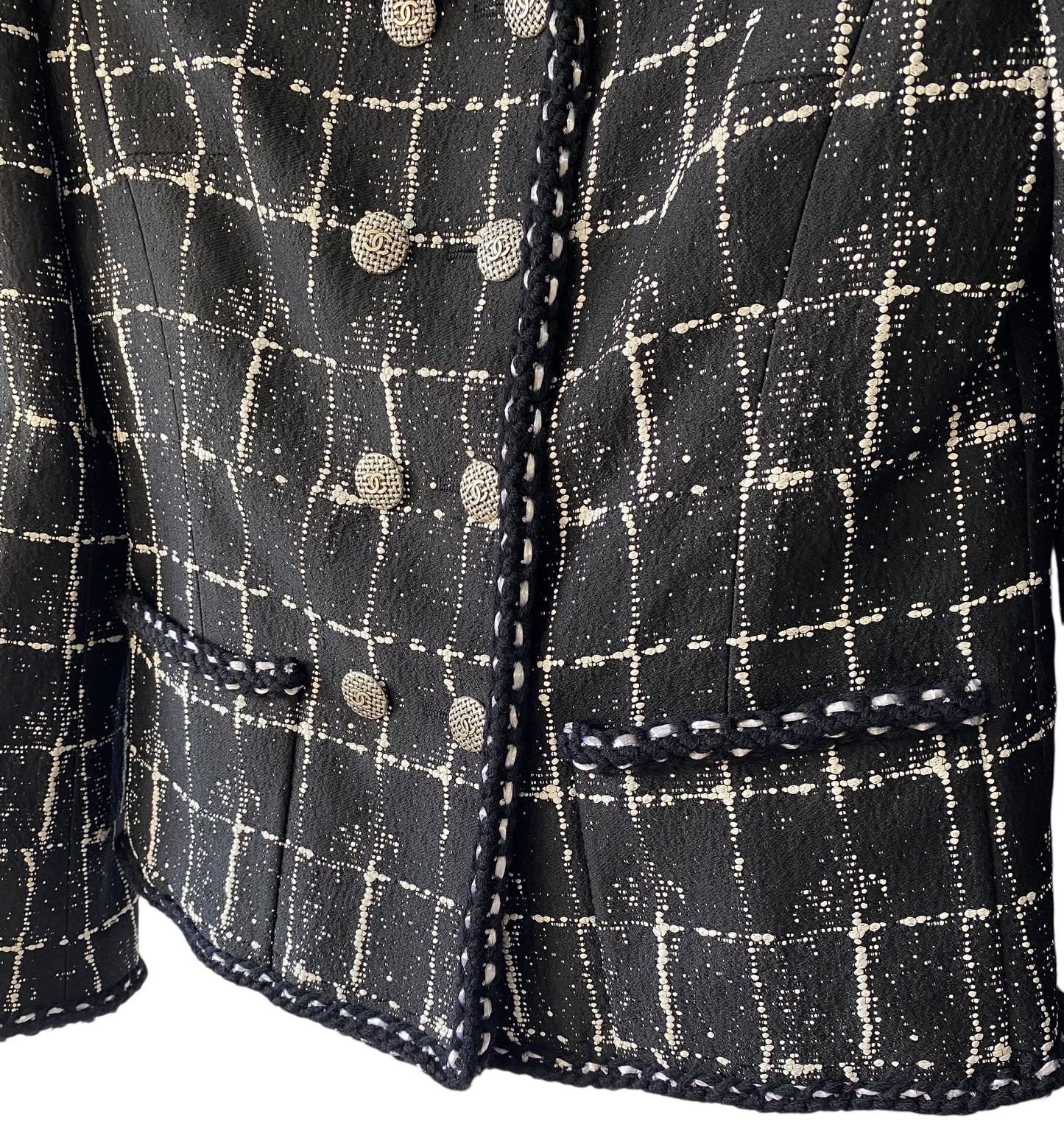 Chanel 14P Black White Grid Tweed Braided Trim Double Breasted Collarless Jacket FR 36