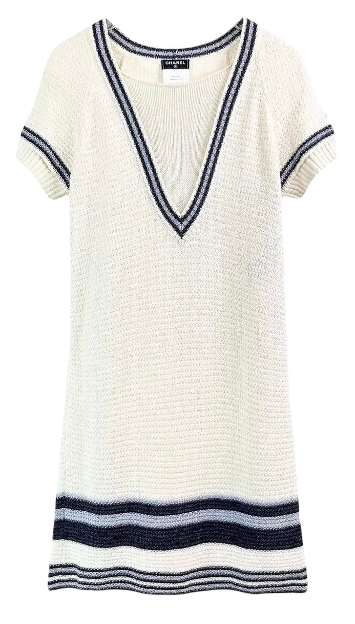 Chanel 14C Ecru Navy Black Varsity Knit Dress FR 44