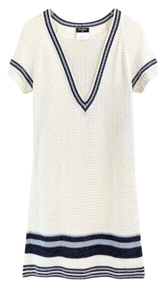 Chanel 14C Ecru Navy Black Varsity Knit Dress FR 44