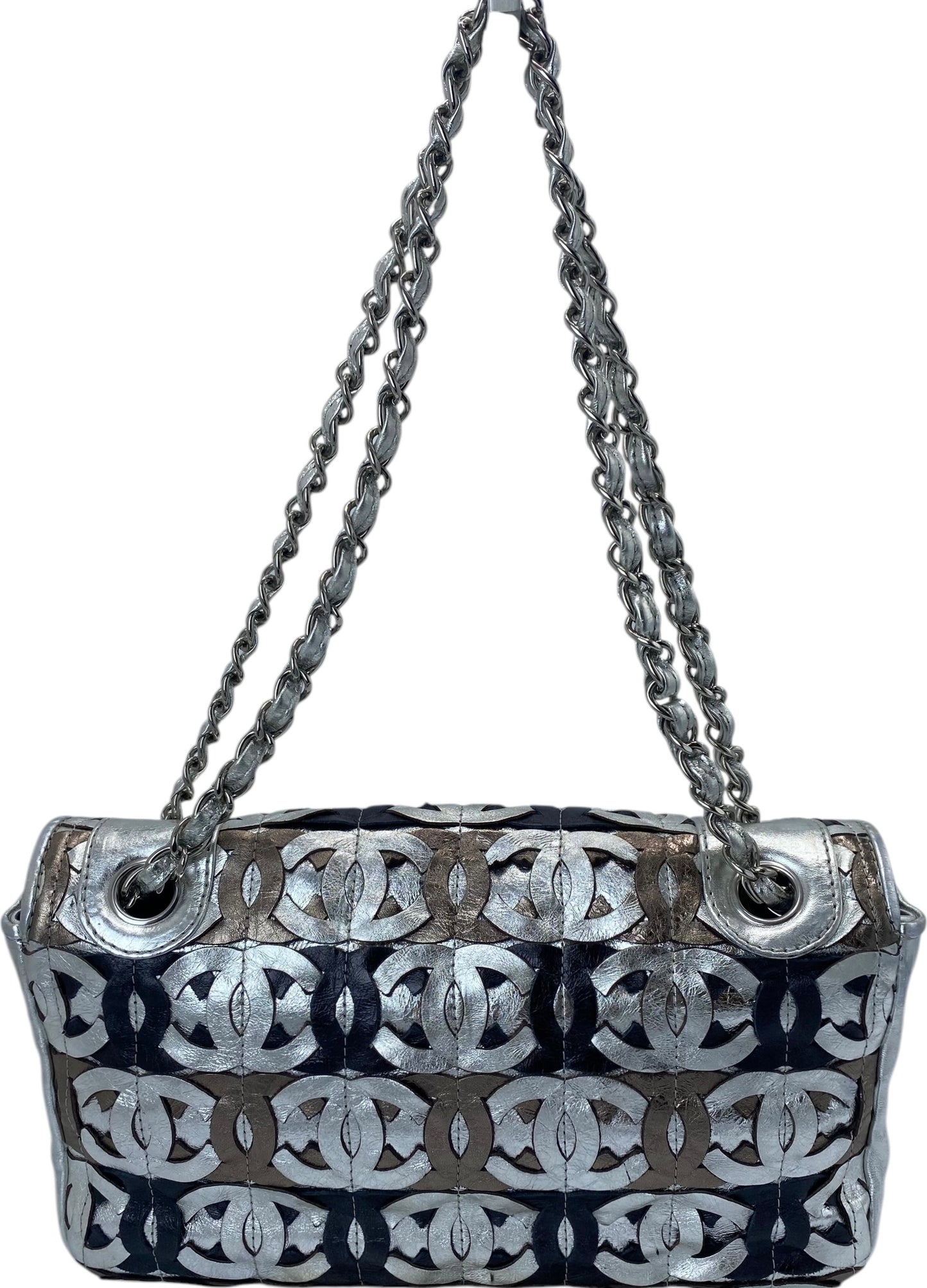 Chanel 08P CC Cutout Silver Metallic Limited Edition Medium Flap Bag