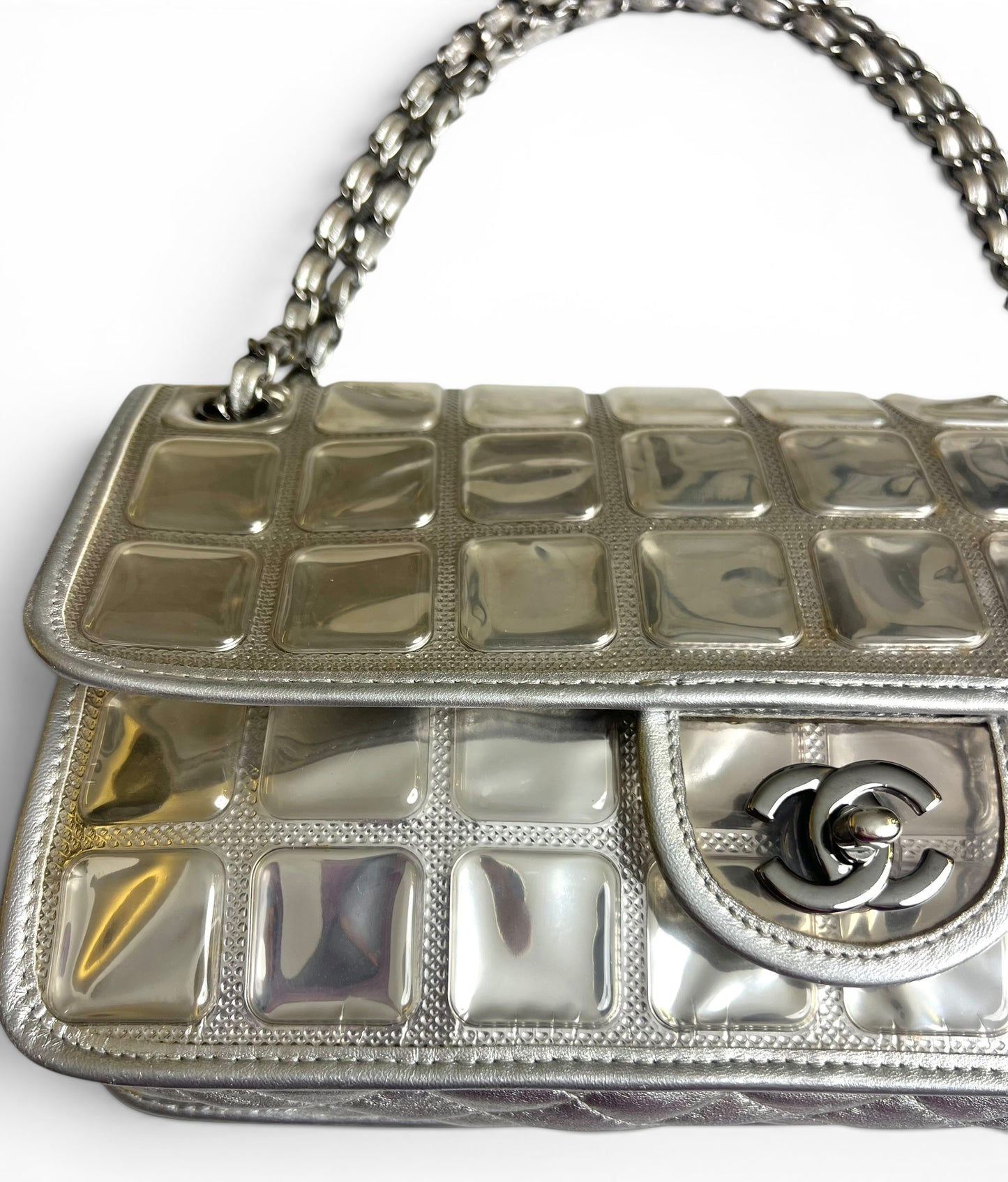 ICONIC Chanel 08C Medium Ice Cube Metallic Silver PVC Calfskin Classic Single Flap Bag