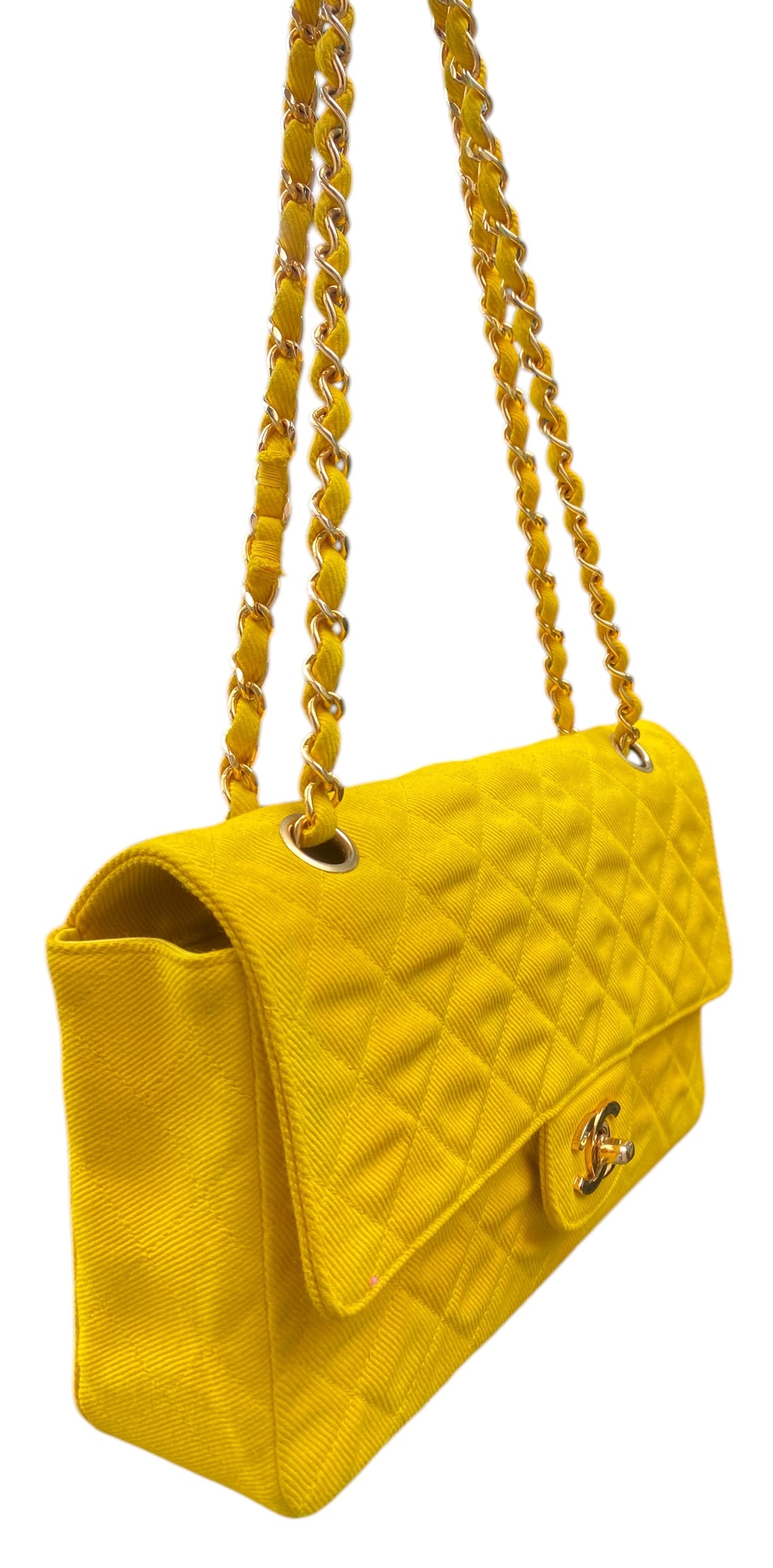 Vintage Chanel 90’s Yellow Denim Medium Classic Flap Bag 24K Gold Hardware