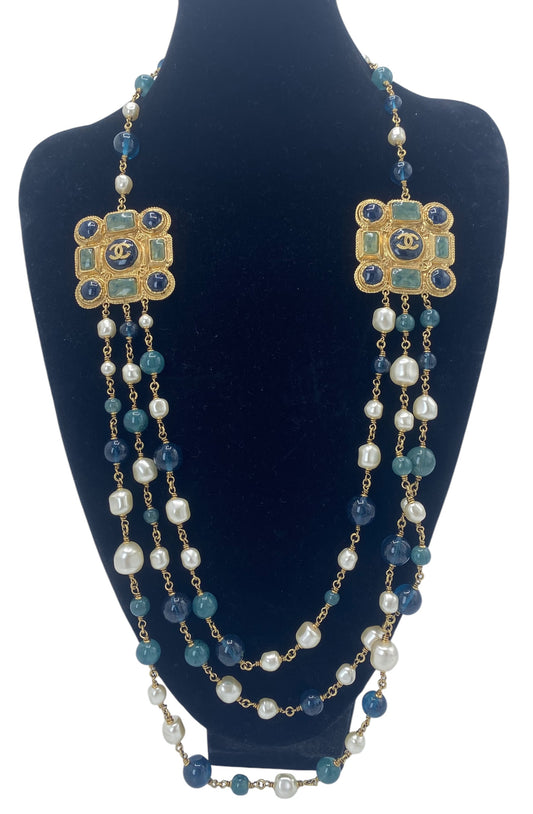Chanel 11A Paris-Byzance 3 Strand Pearl Medallion Gold Green Blue Necklace/Belt