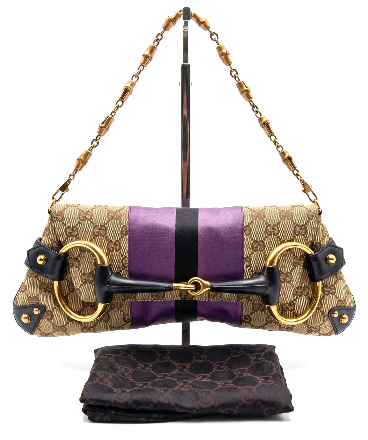 Gucci Large 1955 Tom Ford Classic Purple Black GG Monogram Horsebit Clutch Handbag GHW