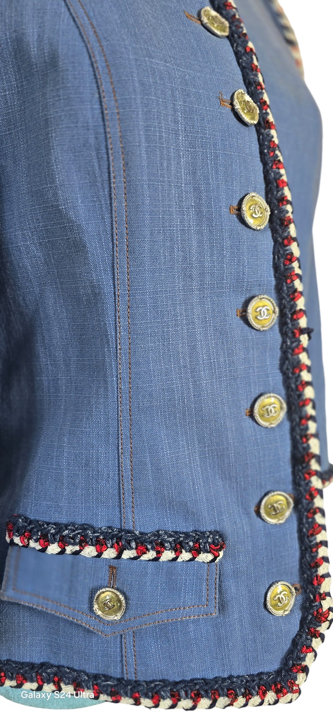 Chanel 13C Paris-Versailles Runway Denim Cotton Blue Braided Trim Jacket FR 38
