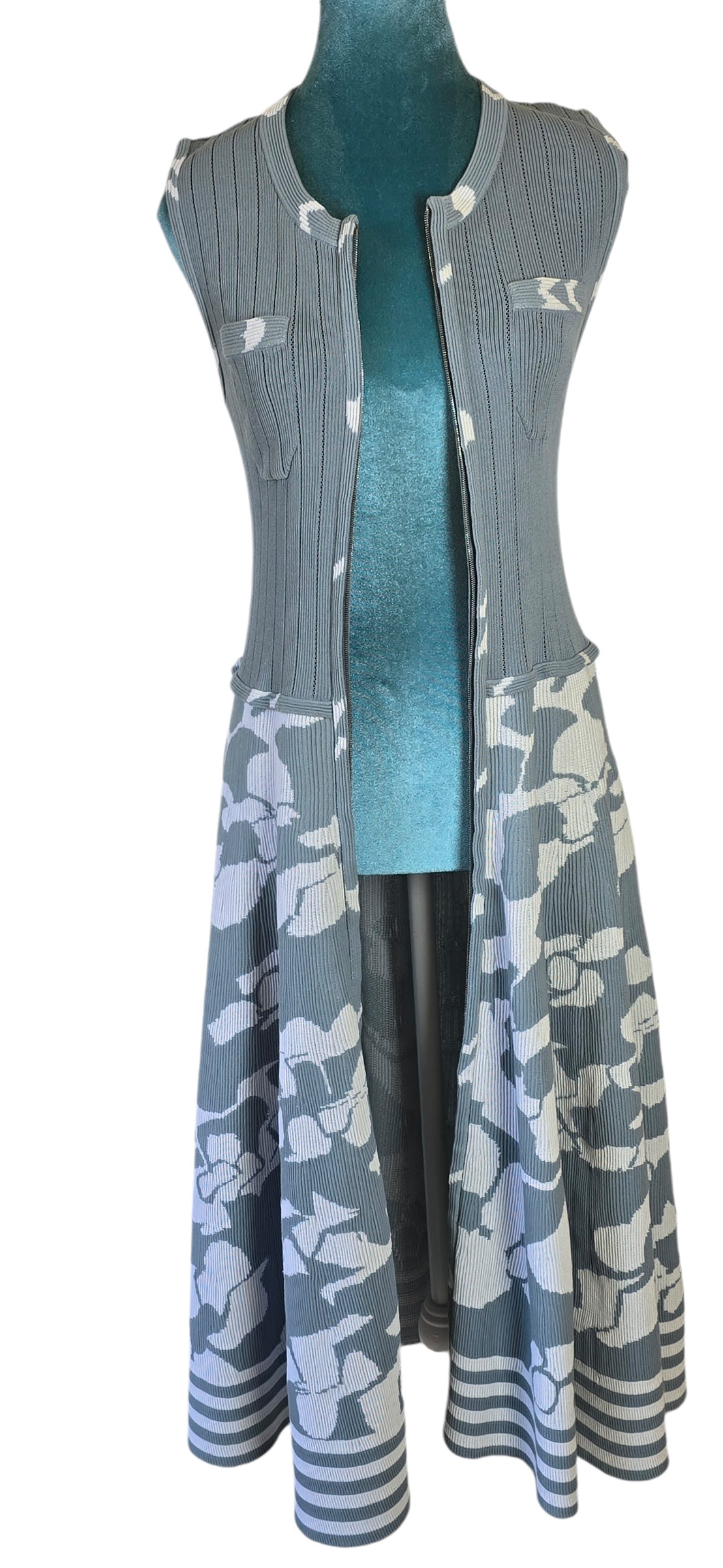 Chanel Airlines 2016 Runway Knit Midi Dress Baby Blue White Zipper Crew Neck FR 42