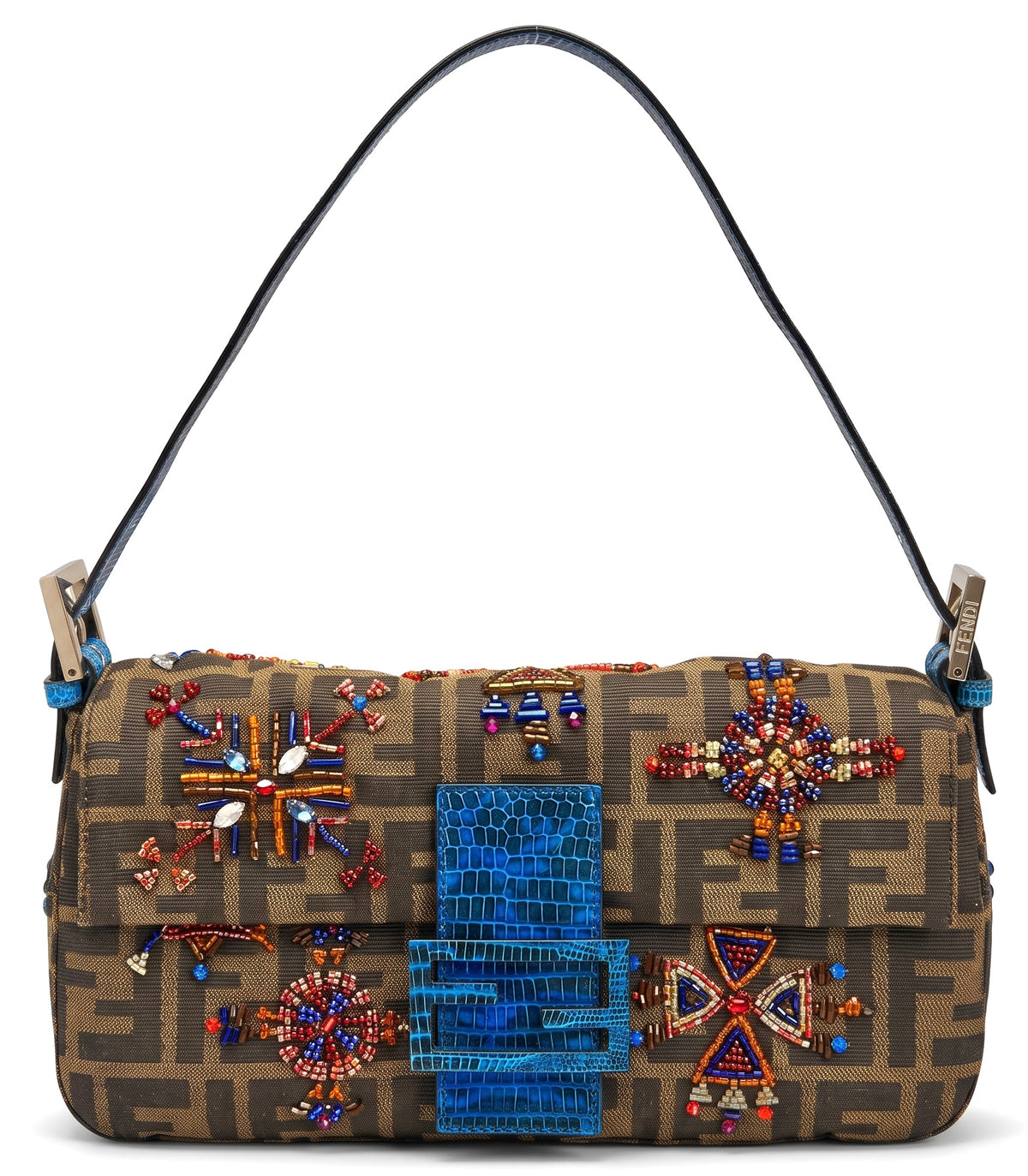 Fendi Vintage Blue Lizard Trimmed Embroidered Beaded Classic Zucca Baguette Bag