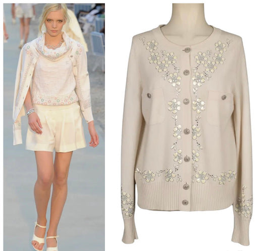 CHANEL 12C IVORY CASHMERE JEWELED JACKET CARDIGAN CC FR 42