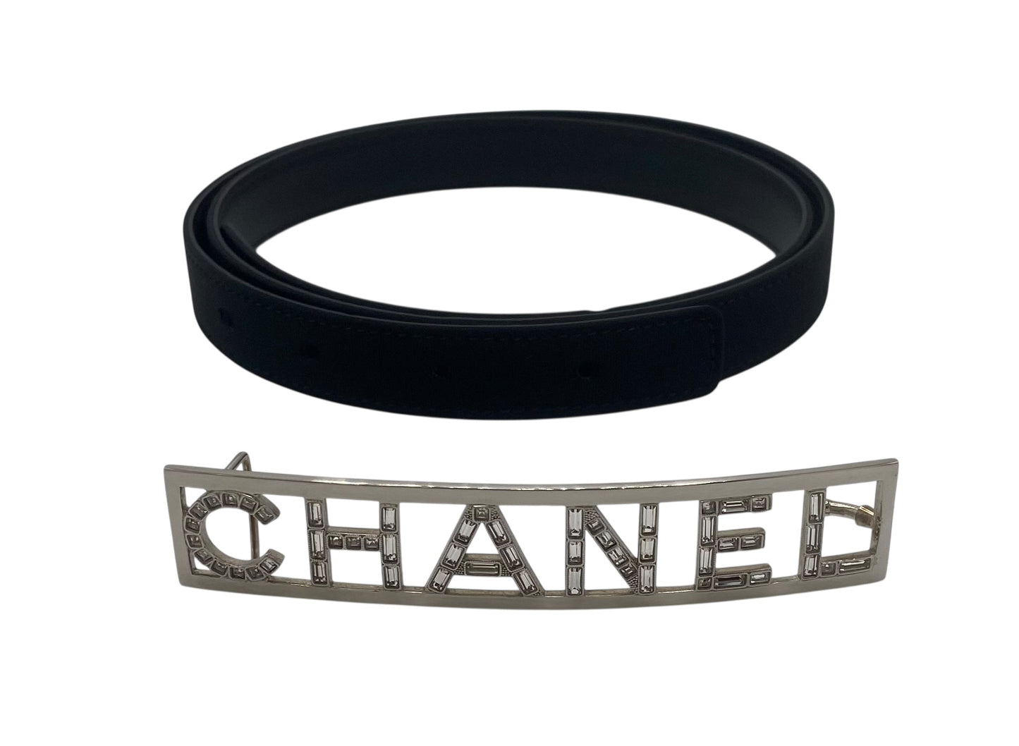 Chanel 15S Black Leather Grosgrain Crystal Letters Silver Buckle Belt Size 90/36