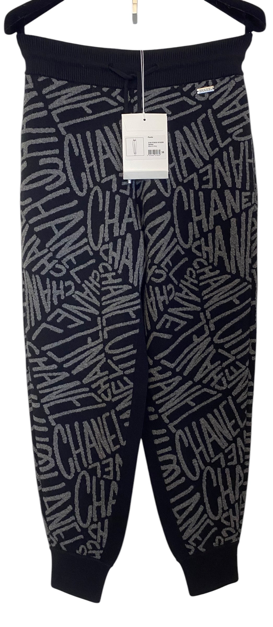 NWT Chanel Logo 21N Coco Neige Black Grey Cashmere Bottoms Lounge Pants FR 38