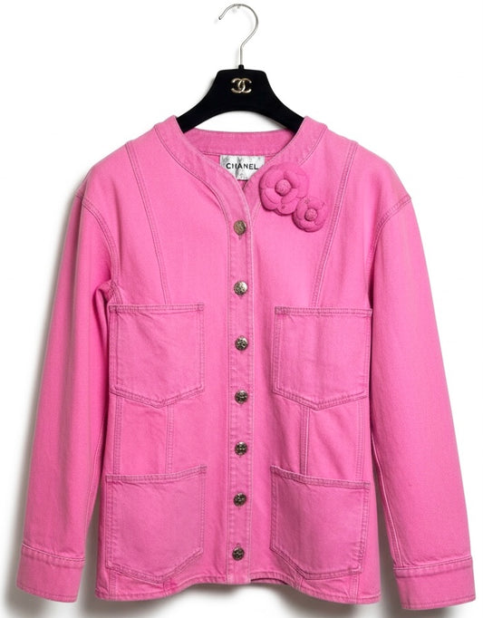 Iconic Chanel 21S Neon Pink Denim Camellia Jacket FR 36