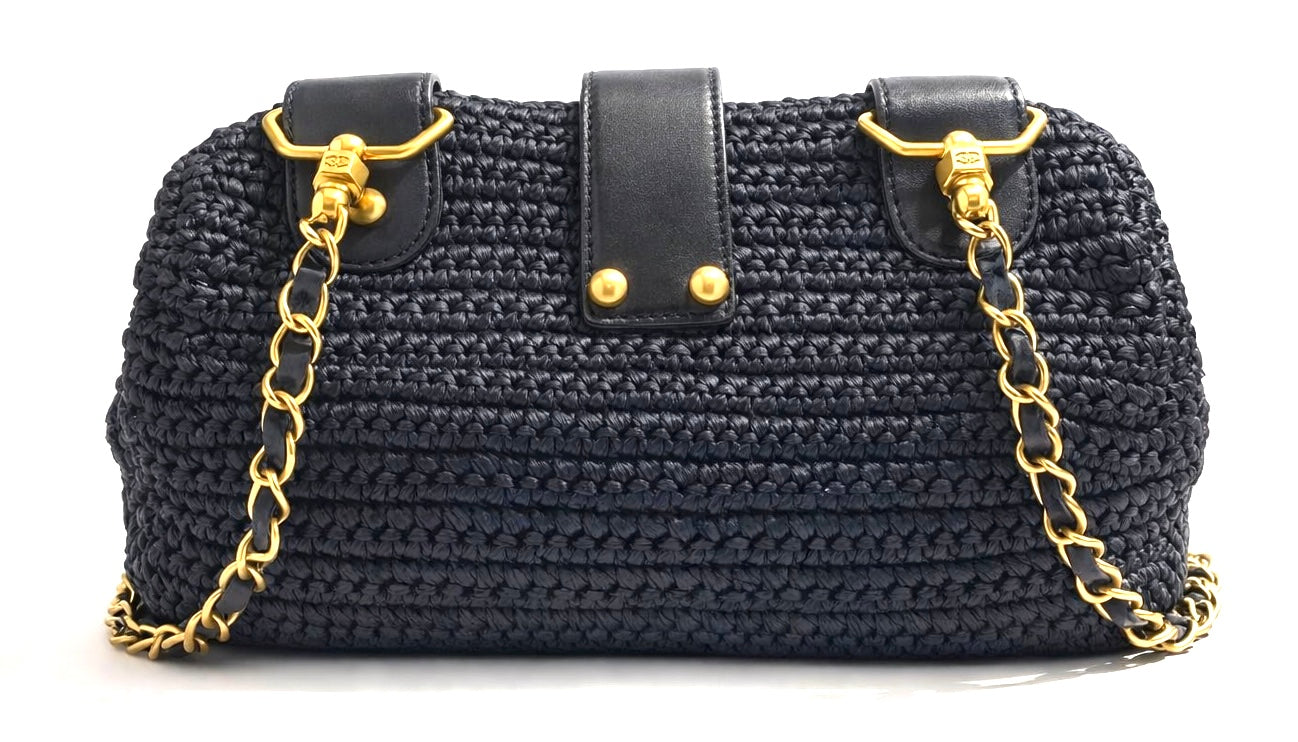 Chanel Medium Classic Dark Navy Straw Raffia Shoulder Bag GHW