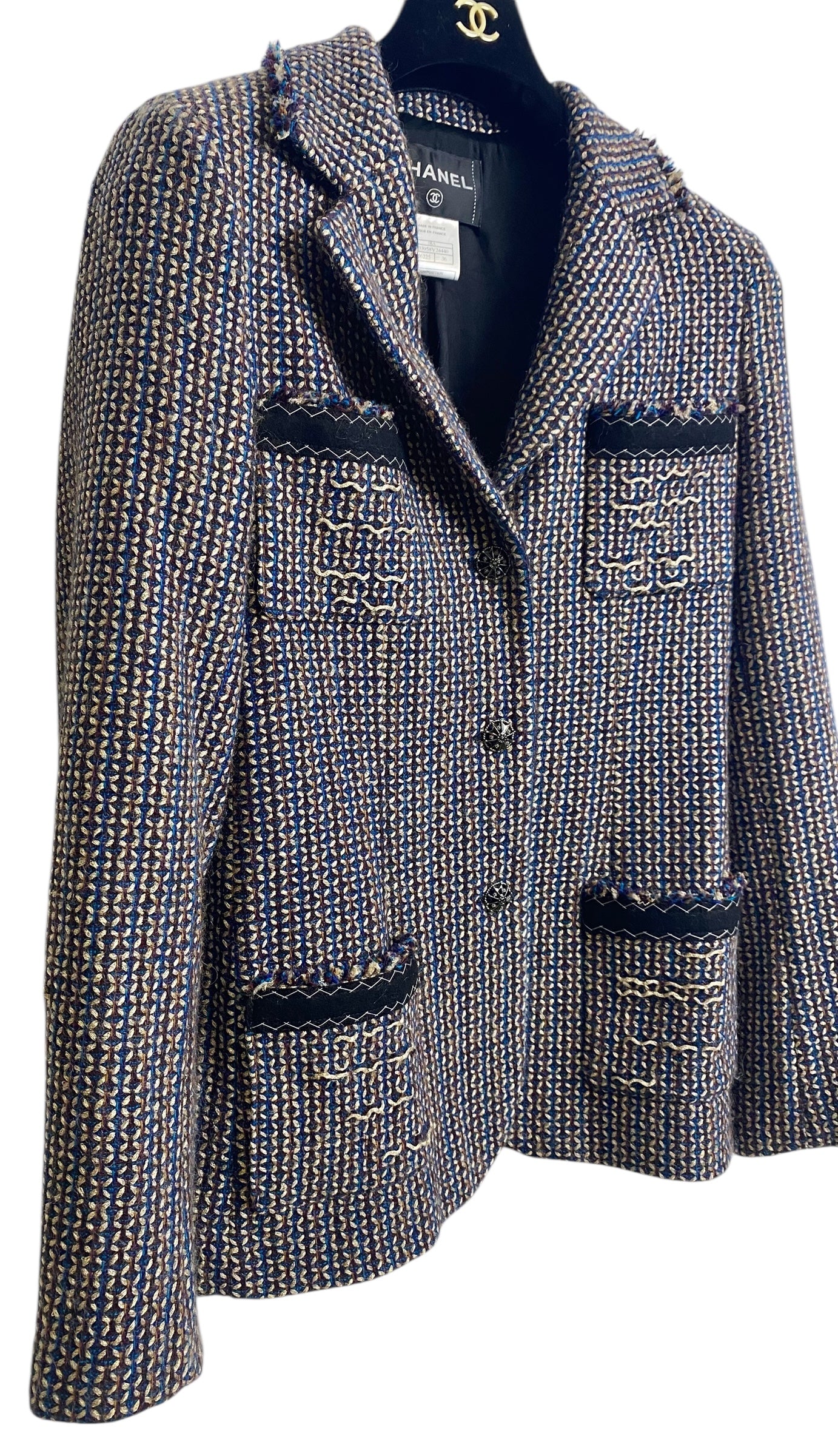 Rare Chanel 08A Runway Tweed Turquoise Blue Multicolor Gold Blazer Jacket FR 36