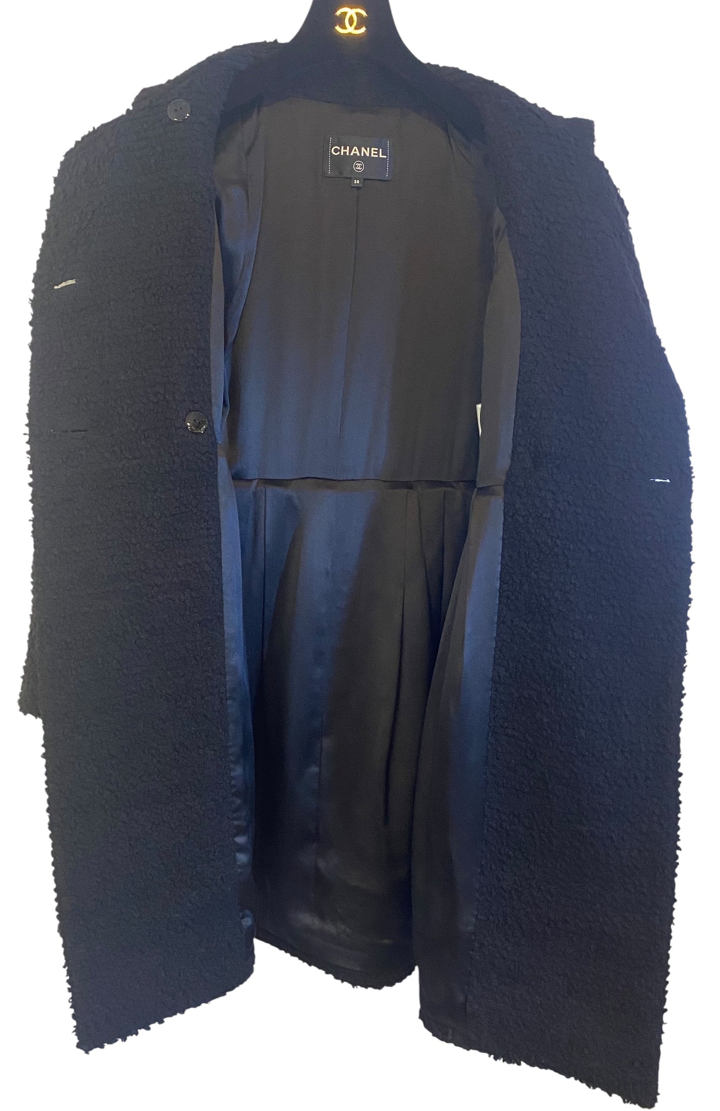 Chanel 17A Space Station Black Boucle Wool Double Breast Long Wool Coat FR 38