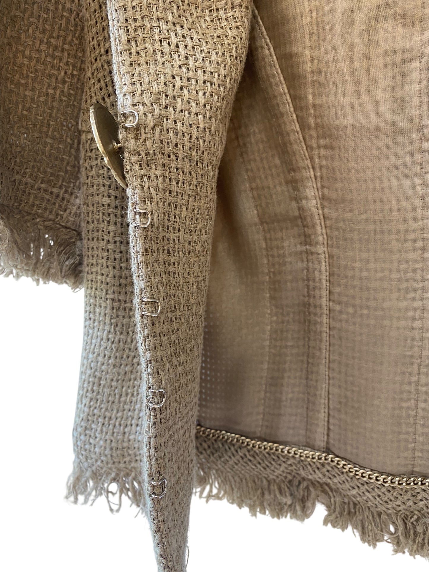 Chanel 18C Paris Greece Beige Horse Motif Button Raffia Linen Jacket FR 38
