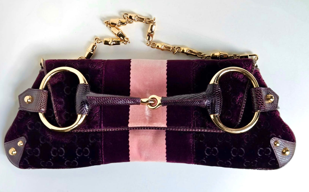 GUCCI Tom Ford XL Purple Velvet GG Exotic Lizard Trim Horsebit Clutch Bag