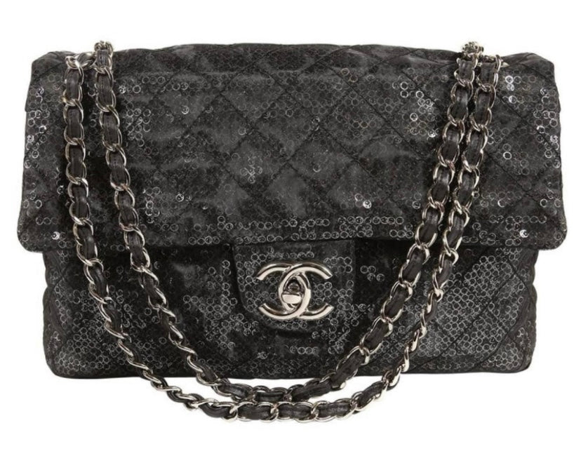 Chanel Black Hidden Sequins Mesh Jumbo Classic Flap Bag Silver Hardware