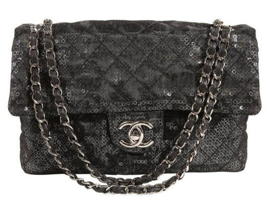 Chanel Black Hidden Sequins Mesh Jumbo Classic Flap Bag Silver Hardware